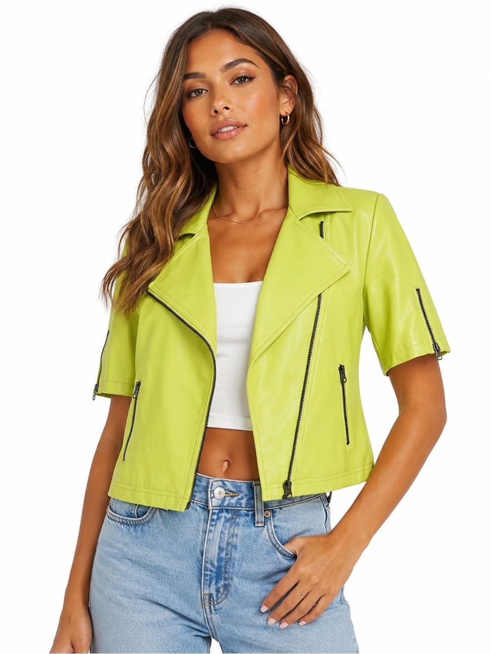 J. Society New York Neon Lime Faux Leather Moto Jacket Short Sleeve Zip Front S